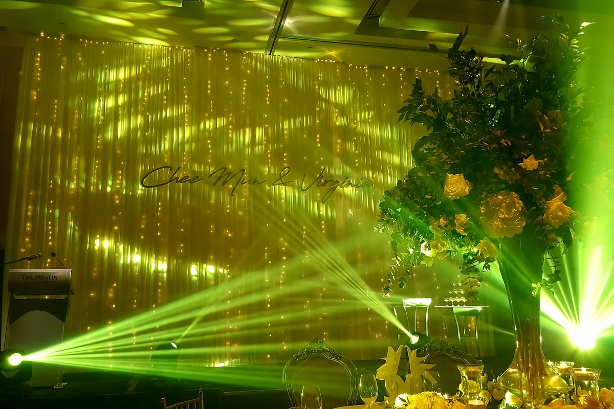 Fairy-light curtain backdrop washed in green beams
