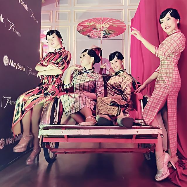 Pink cheongsam group with parasols
