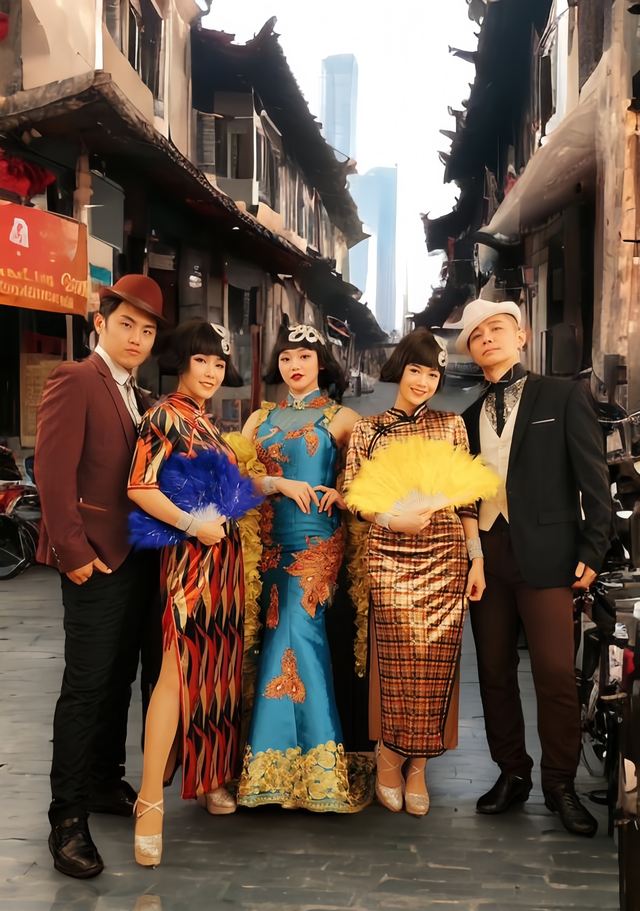 Shanghai-glam group in a street setting