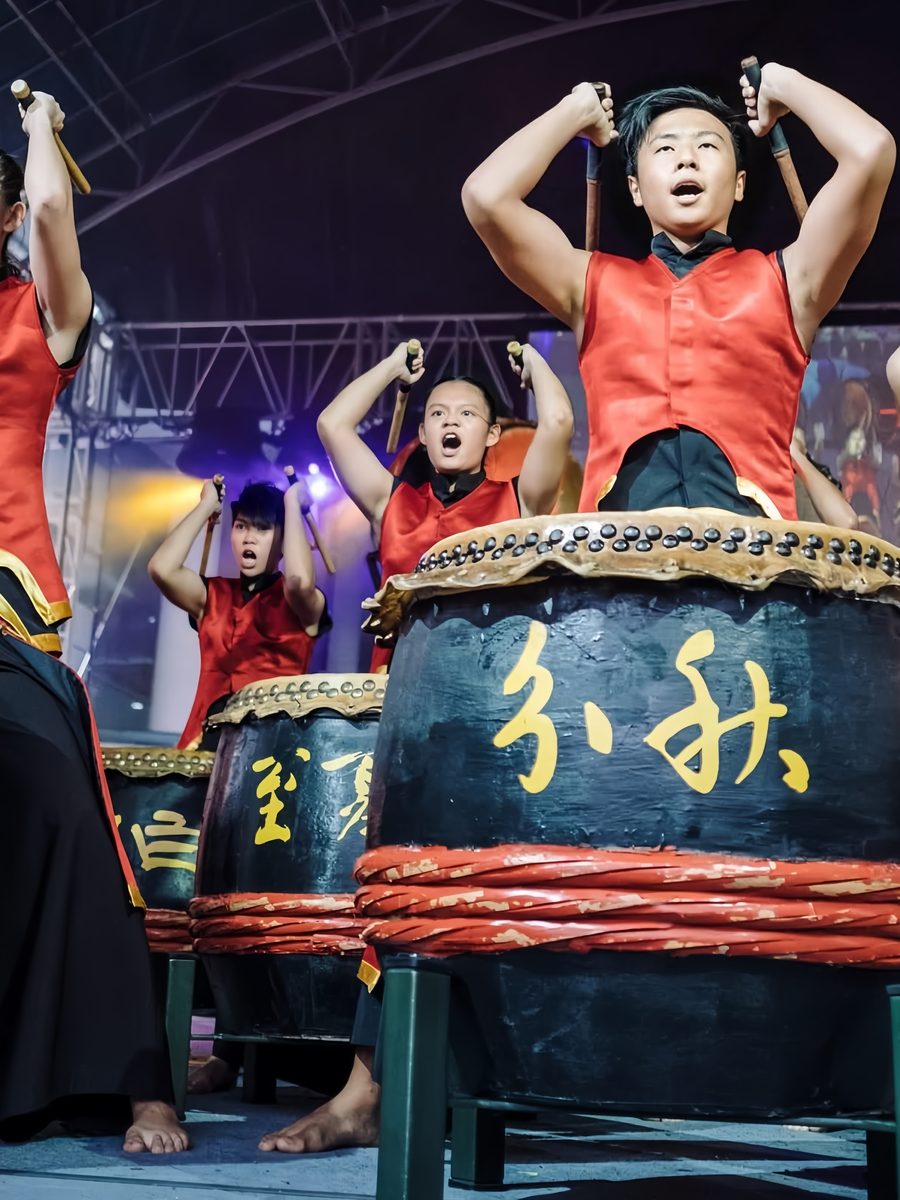 Chinese drum troupe mid-performance