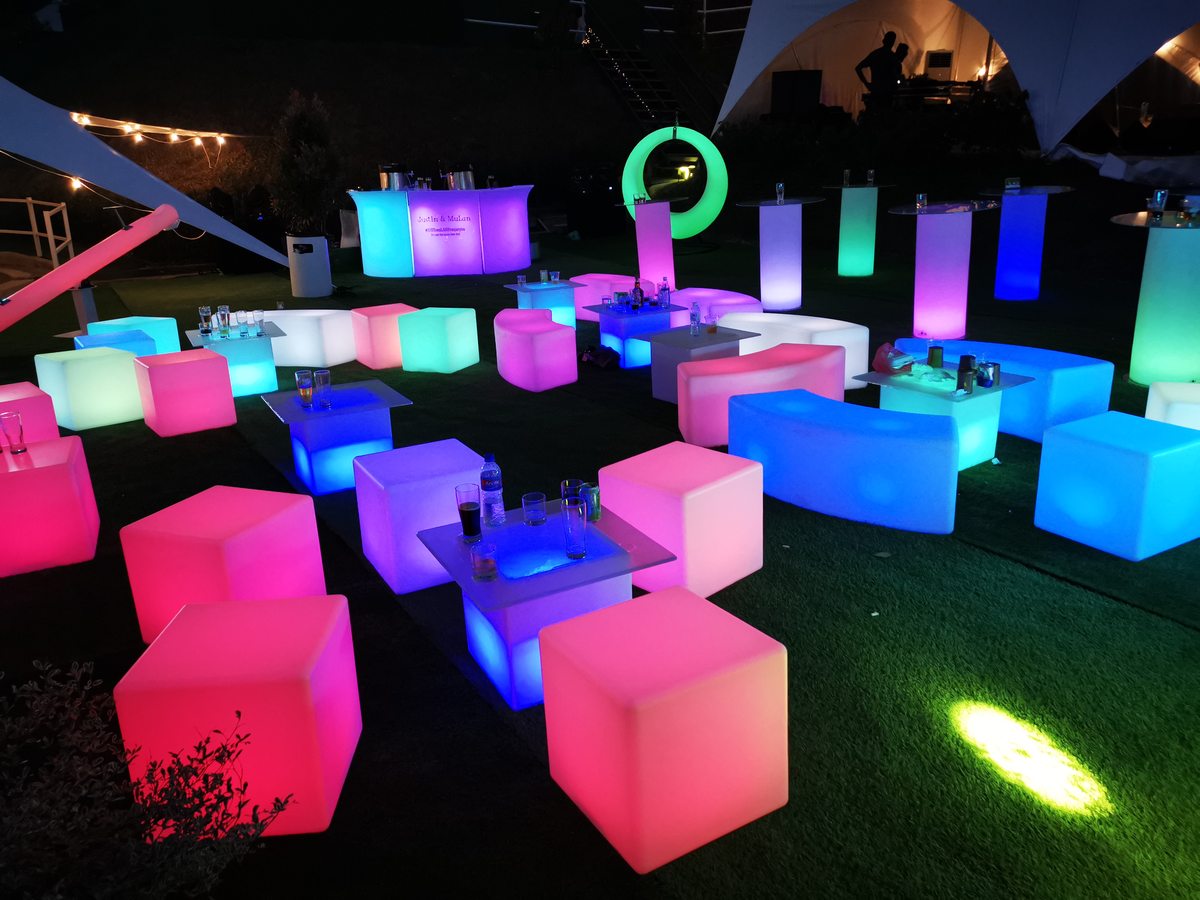 Illuminated LED lounge furniture on the lawn
